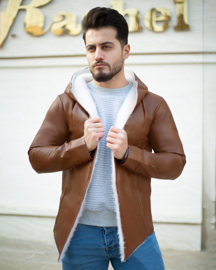 هودی چرم لبه خز مردانه مدل Noyan (قهوه ای) - Image 3