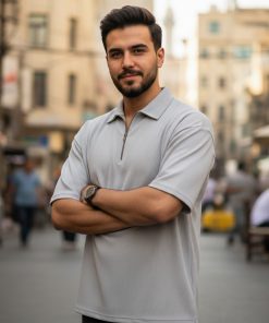 تیشرت مردانه یقه زیپ دار طوسی مدل Arban