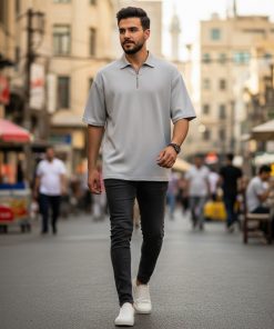 تیشرت مردانه یقه زیپ دار طوسی مدل Arban