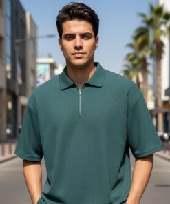تیشرت مردانه یقه زیپ دار سبز مدل Arban