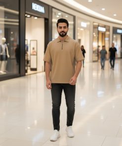 تیشرت مردانه یقه زیپ دار نسکافه ای مدل Arban