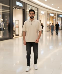 تیشرت مردانه یقه زیپ دار کرم مدل Arban