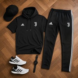 ست تیشرت کلاهدار و شلوار مردانه مدل Juventus-مشکی