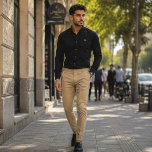 پکیج پیراهن مردانه مشکی مدل VQ شلوار مردانه خاکی مدل MOBIN