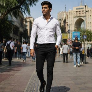 پکیج پیراهن مردانه سفید مدل VQ شلوار مردانه مشکی مدل MOBIN