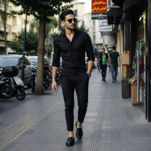 پکیج پیراهن مردانه مشکی مدل VQ شلوار مردانه مشکی مدل MOBIN